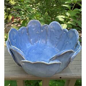 Handmade Blue Sea Shell impressed bowl lotus flower glazed. Dish Pottery unique